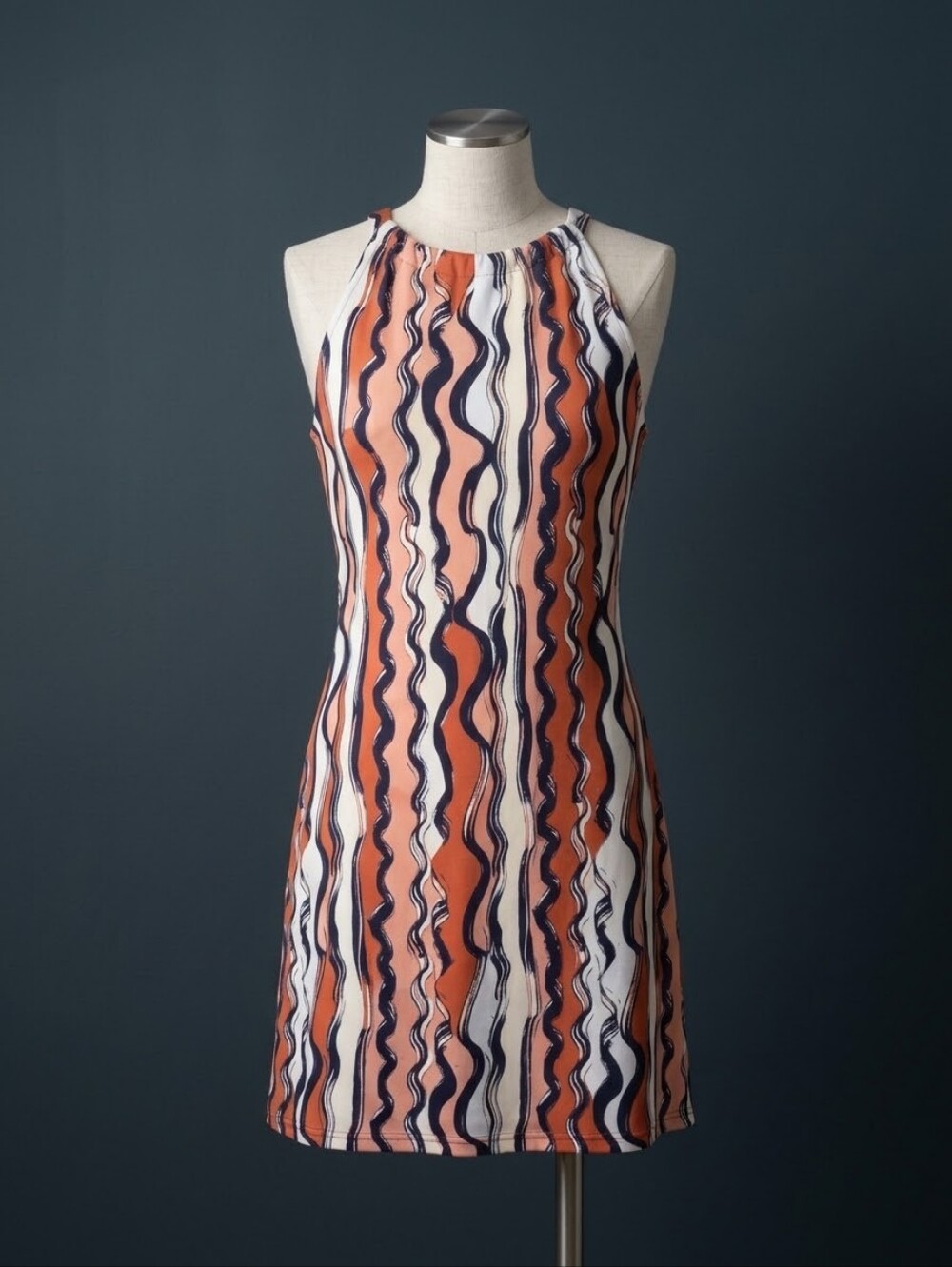 Aryeh Modern Wavy Stripe Halter Dress Retro 70s Abstract Keyhole Boho Midi SZ L